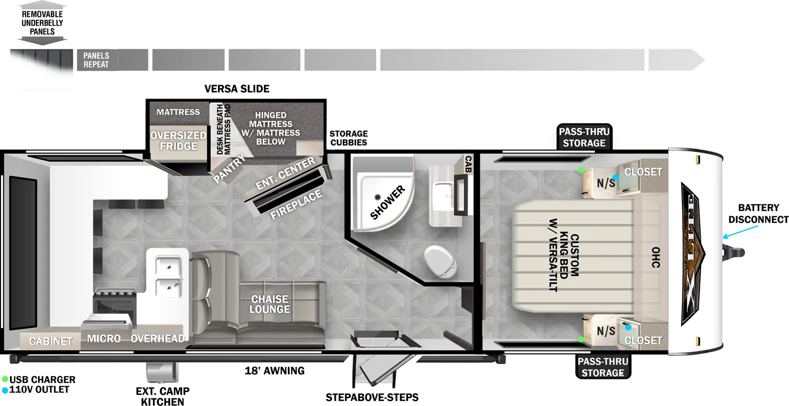 The Wildwood X-Lite 24VIEW floorplan has one slideout and one entry. Exterior features removable underbelly panels, pass-thru storage, StepAbove entry steps, battery disconnect, 18 foot awning, and exterior camp kitchen. Interior layout front to back: custom king bed with versa-tilt, overhead cabinet and closet with night stand on each side; off-door side full bathroom, door side entry, and chaise lounge; off-door side versa slideout features a hinged mattress with mattress below, pantry, storage cubbies, desk beneath mattress pad behind an entertainment center, and oversized refrigerator; rear kitchen with peninsula kitchen counter that wraps all around the from door-side around the back to the off-door side with sink, overhead cabinet, microwave, cooktop, and barstools.
